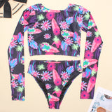 Animal Print Bikini Swimwear Long Sleeve Backless Swimsuit Sporty Bodysuit Beach Bathing Suit