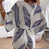 Leaf Print White Batwing Sleeve Rompers Summer Autumn Wide Leg Beach Boho