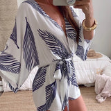 Leaf Print White Batwing Sleeve Rompers Summer Autumn Wide Leg Beach Boho