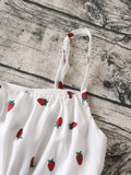 Strawberry Print White Chiffon Long Dress Women Spaghetti Strap Vintage Boho Summer Beach