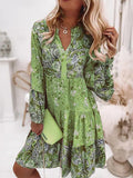 Retro Floral Print Flare Sleeve Mini Dress Spring Ruffle Loose Women Party Dress Casual V Neck Beach Pullover