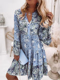 Retro Floral Print Flare Sleeve Mini Dress Spring Ruffle Loose Women Party Dress Casual V Neck Beach Pullover