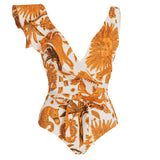 Ruffle Print Floral One-Piece Strappy Slimming Swimwear Women Swimsuit Deep-V Bathing Suit Beach Wear