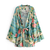 Boho Vintage Green Crane Floral Print Sashes Kimono Women V Neck Batwing Sleeves Bohemian Beach Robe Cover-up