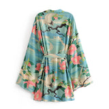 Boho Vintage Green Crane Floral Print Sashes Kimono Women V Neck Batwing Sleeves Bohemian Beach Robe Cover-up