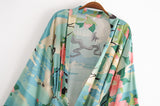 Boho Vintage Green Crane Floral Print Sashes Kimono Women V Neck Batwing Sleeves Bohemian Beach Robe Cover-up