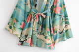 Boho Vintage Green Crane Floral Print Sashes Kimono Women V Neck Batwing Sleeves Bohemian Beach Robe Cover-up