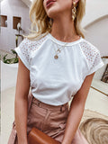 Casual solid Lace stitching cotton women T-shirt summer Hollow out sleeves o-neck female tops leisure Basic T-shirt