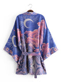 Boho Vintage Star and Moon Floral Print Sashes Women Bohemian Batwing Sleeves Short Robe Kimono Cover-up