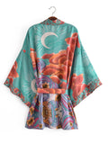 Boho Vintage Star and Moon Floral Print Sashes Women Bohemian Batwing Sleeves Short Robe Kimono Cover-up