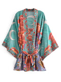 Boho Vintage Star and Moon Floral Print Sashes Women Bohemian Batwing Sleeves Short Robe Kimono Cover-up