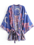 Boho Vintage Star and Moon Floral Print Sashes Women Bohemian Batwing Sleeves Short Robe Kimono Cover-up