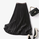 Long Pleated Skirts for Women Chic Elastic Band Elegant Office Ladies Midi Skirt