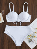 Push Up Bikini Women Swimsuit Solid White High Waist Swimwear Lace Up Bathing Suit Beachwear Summer