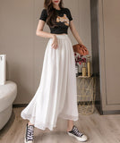 Double-layer Chiffon Wide-leg Pants Elastic Waist Nine-point Pants Thin Casual High-waisted PantsSkirt