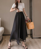 Double-layer Chiffon Wide-leg Pants Elastic Waist Nine-point Pants Thin Casual High-waisted PantsSkirt