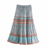 Bohemian Floral Print Skirts Womens Cotton Elastic Waist Long Skirt For Women Spring Summer Holiday Casual Skirt