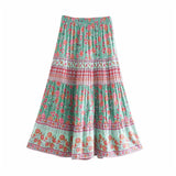 Bohemian Floral Print Skirts Womens Cotton Elastic Waist Long Skirt For Women Spring Summer Holiday Casual Skirt