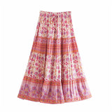 Bohemian Floral Print Skirts Womens Cotton Elastic Waist Long Skirt For Women Spring Summer Holiday Casual Skirt